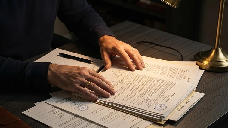 Homeowner conducting a mortgage document review on a dark desk with a gold lamp