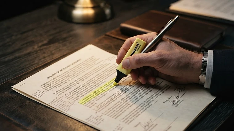A homeowner carefully reviewing mortgage documents and foreclosure paperwork with a pen on a dark desk.