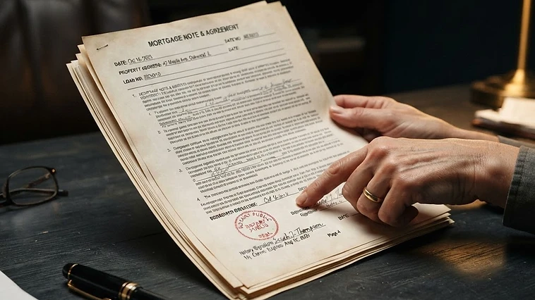 Close-up of a homeowner conducting a mortgage document review on a dark desk.
