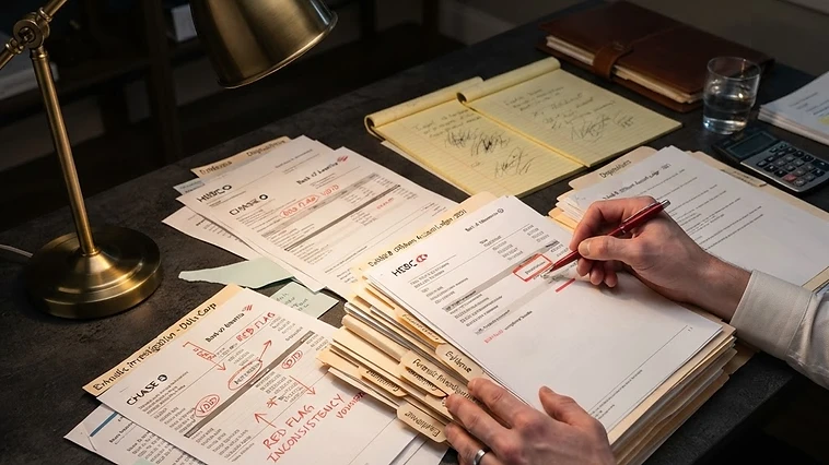 Homeowner organizing mortgage statements and legal evidence on a desk to challenge bank payoff records.