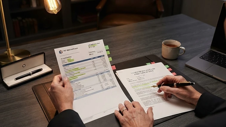 Homeowner reviewing mortgage statements and foreclosure notices on a dark desk