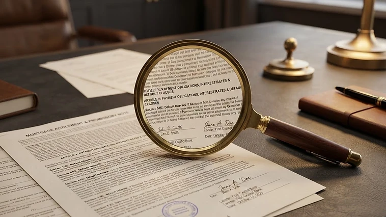 Magnifying glass examining mortgage servicing documents and escrow statements.