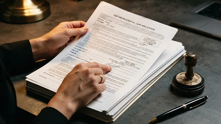 Hands reviewing a stack of mortgage refinance paperwork under a warm gold desk lamp.