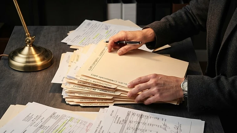Close-up of a homeowner organizing legal evidence and mortgage documents on a dark desk under warm lighting.