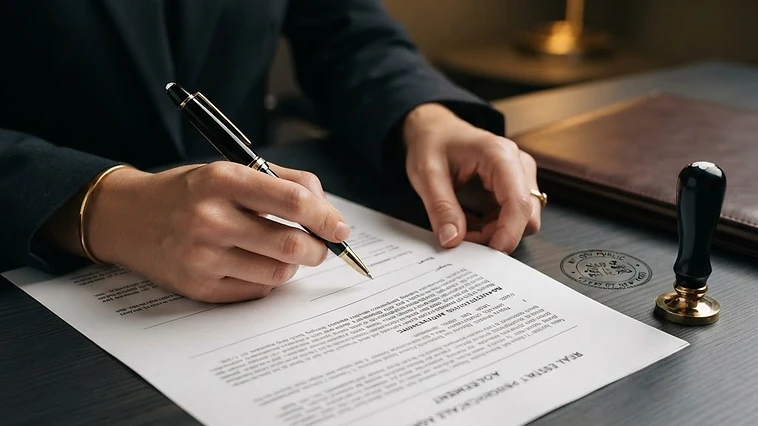 Close-up of a homeowner conducting a mortgage document review on a dark desk with a gold accent light.