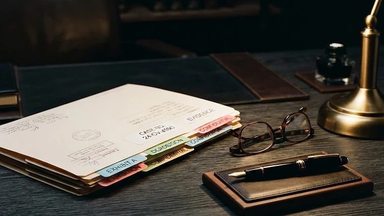 A magnifying glass and legal files on a dark desk illuminated by a warm gold lamp, representing the forensic review of mortgage documents.