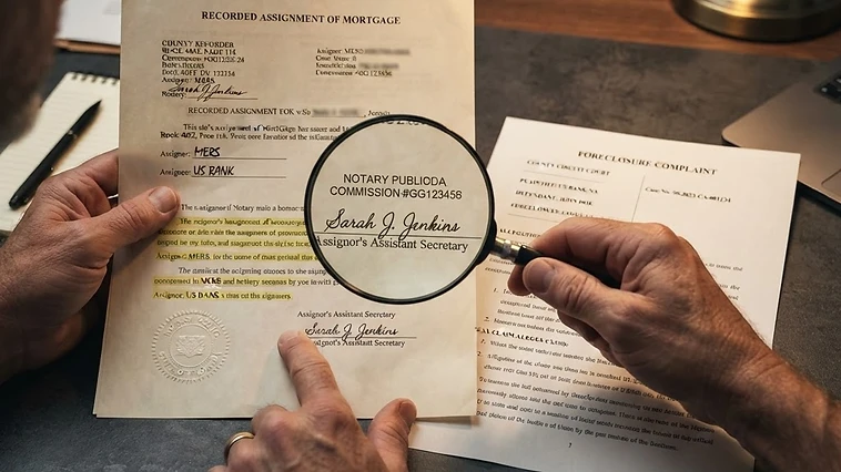 Homeowner examining assignment of mortgage document for signature and notary discrepancies during foreclosure defense review