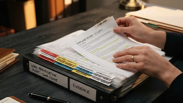 A neatly organized binder of mortgage documents and loss mitigation evidence on a dark legal desk.