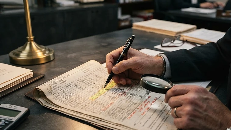 Close-up of hands reviewing mortgage loan ledger documents under a warm gold desk lamp.