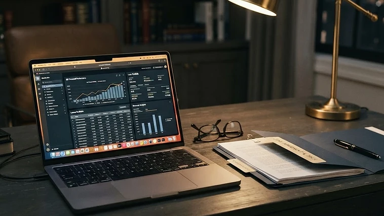 A forensic view of mortgage documents and a laptop on a dark charcoal desk, representing a homeowner conducting a mortgage audit.
