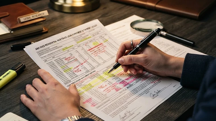 Close-up of hands reviewing mortgage documents and servicer accounting statements on a dark desk.