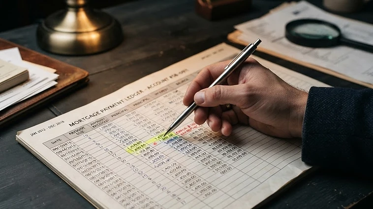 Close-up of a homeowner auditing a mortgage payment history ledger for servicing errors and illegal fees.