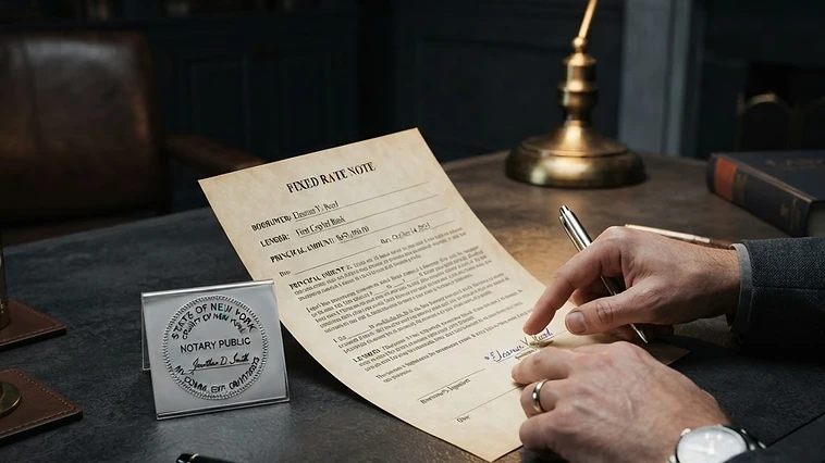Close-up of hands reviewing a mortgage promissory note and notary stamp under a warm gold desk lamp.