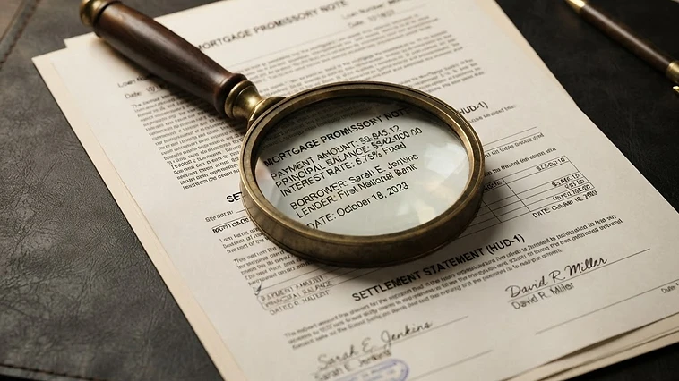 Magnifying glass examining a mortgage promissory note and legal settlement document