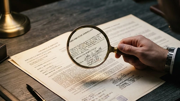 Magnifying glass examining a mortgage assignment document on a dark desk