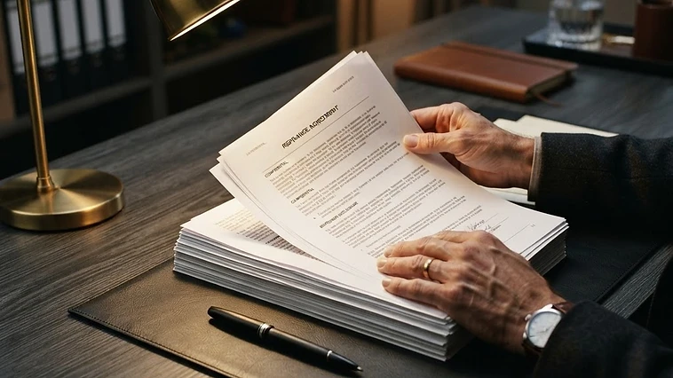Hands carefully reviewing mortgage refinance paperwork under a warm gold desk lamp.