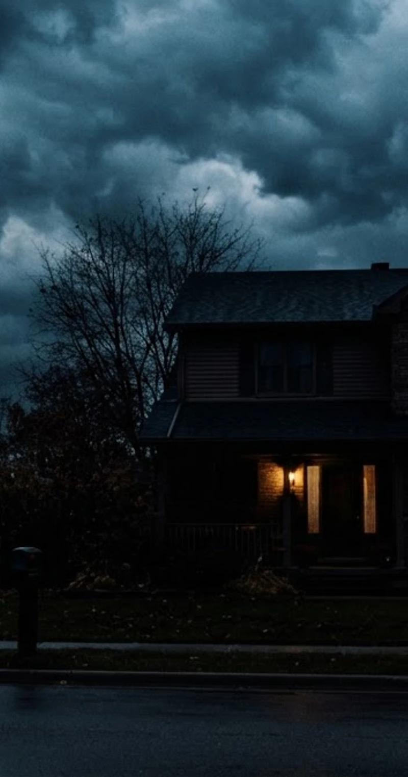 A home beneath gathering storm clouds