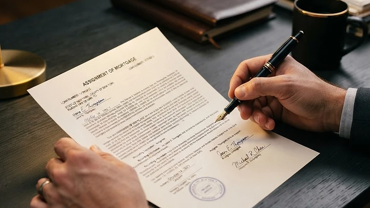 Close-up of hands reviewing mortgage assignment documents on a dark desk with gold lighting.