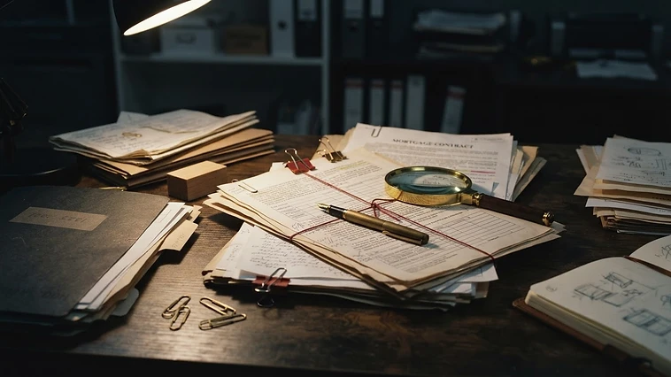Organized mortgage documents on an investigative desk