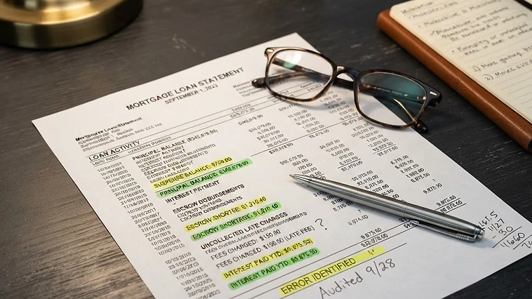 A detailed mortgage loan statement on a dark desk with a pen and glasses, illustrating the process of auditing servicer records for errors.