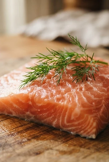 A fresh cut of salmon on a wooden board