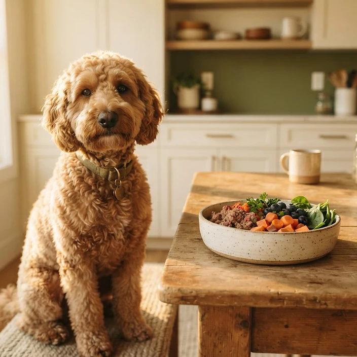 A doodle dog beside a bowl of fresh food in a sunlit kitchen