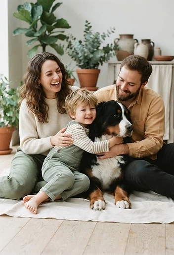 A family sharing a tender moment with their large breed dog on soft linen