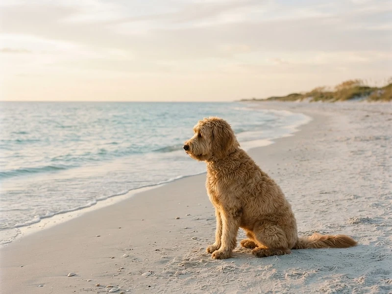A golden doodle dog resting calmly on a sunlit Fort Myers beach