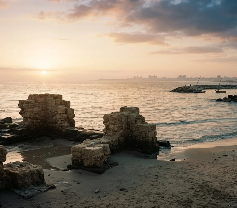 Panoramic view of the Gaza shoreline at dawn with ancient stone ruins