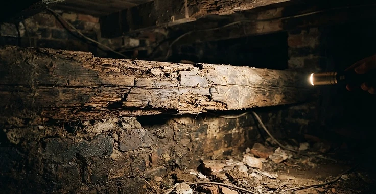 Decayed structural timber inspected under focused torchlight