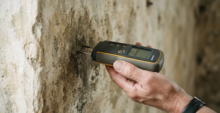 Specialist using a moisture meter against an old lime plaster wall