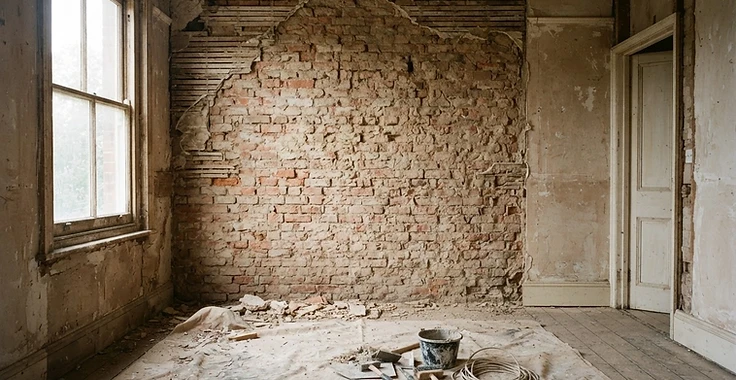 Interior wall with damaged plaster removed to expose brickwork during damp investigation