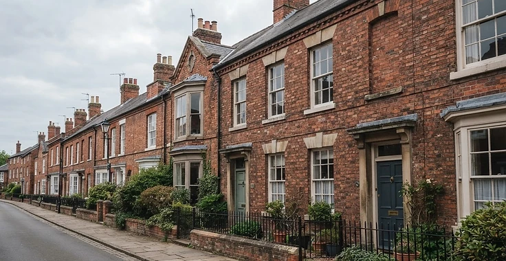 Victorian red brick terrace in soft overcast light