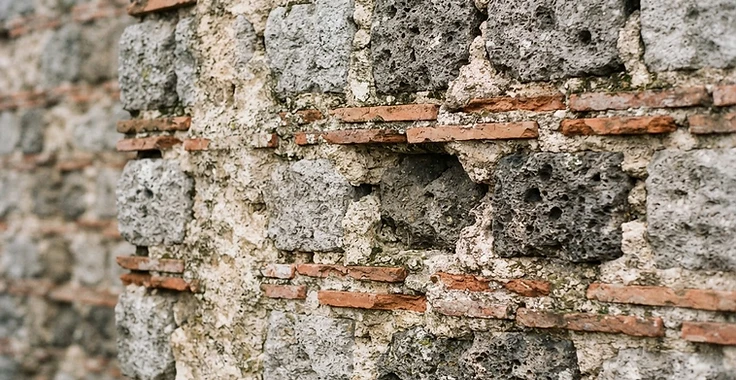 Weathered brick and stone masonry with eroded mortar joints