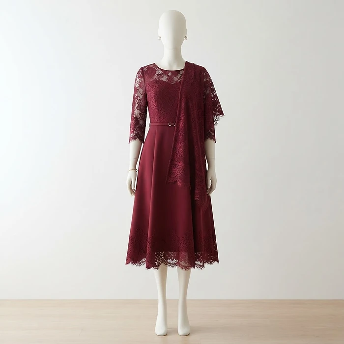 Lace Stitching 3/4 Sleeve Wine Red Dress and Shawl
