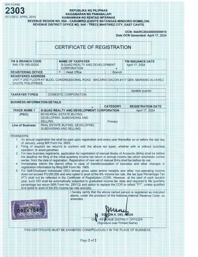 BIR Certificate of Registration
