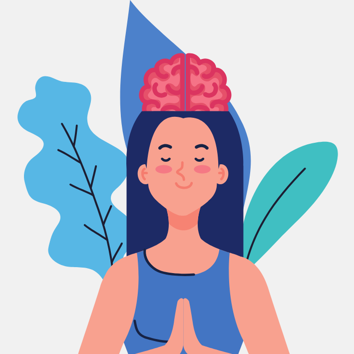 Person in Meditation mit Gehirn-Symbol und Blättern