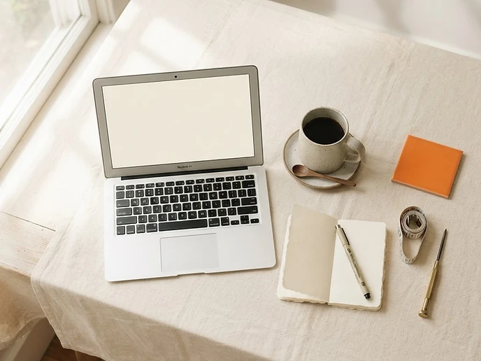 A bright, minimalist desk flat-lay with a laptop, notebook, coffee, and a small tool — the Task & Tech journal.
