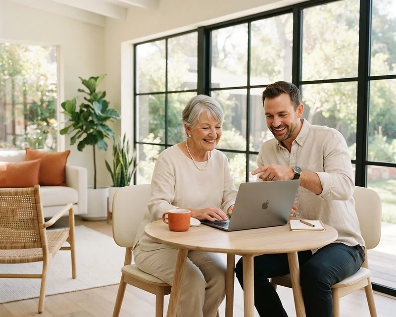 A handyman assisting a senior with technology