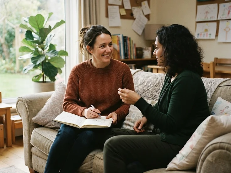 Two adults in supportive conversation on a sofa in a children's home