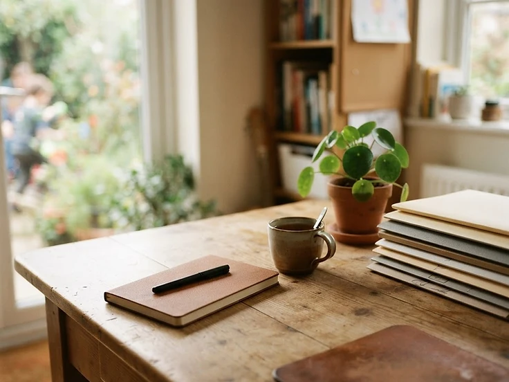 A manager's desk with a notebook, pen and a mug of tea in warm natural light