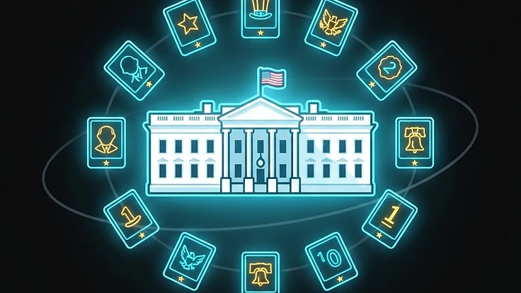 White House artwork surrounded by orbiting presidential cards