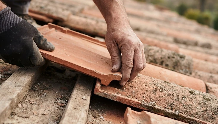 Pose et alignement de tuiles sur une toiture par un couvreur