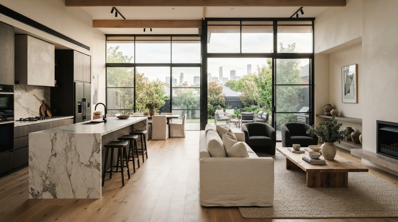 Sunlit modern Melbourne living room with oak floors and marble kitchen