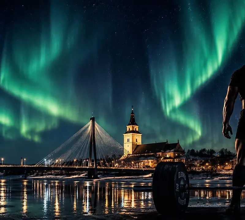 Voimanostaja revontulten alla Tornion jokimaisemassa