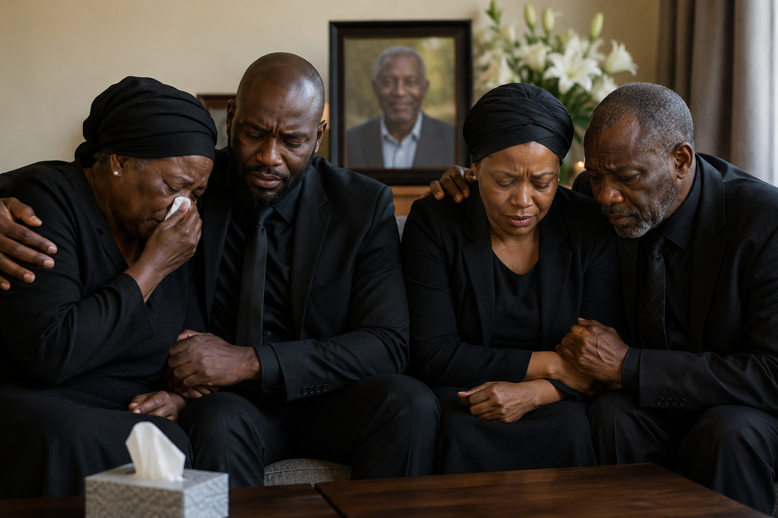 A family gathered together sharing a memorial tribute on a phone