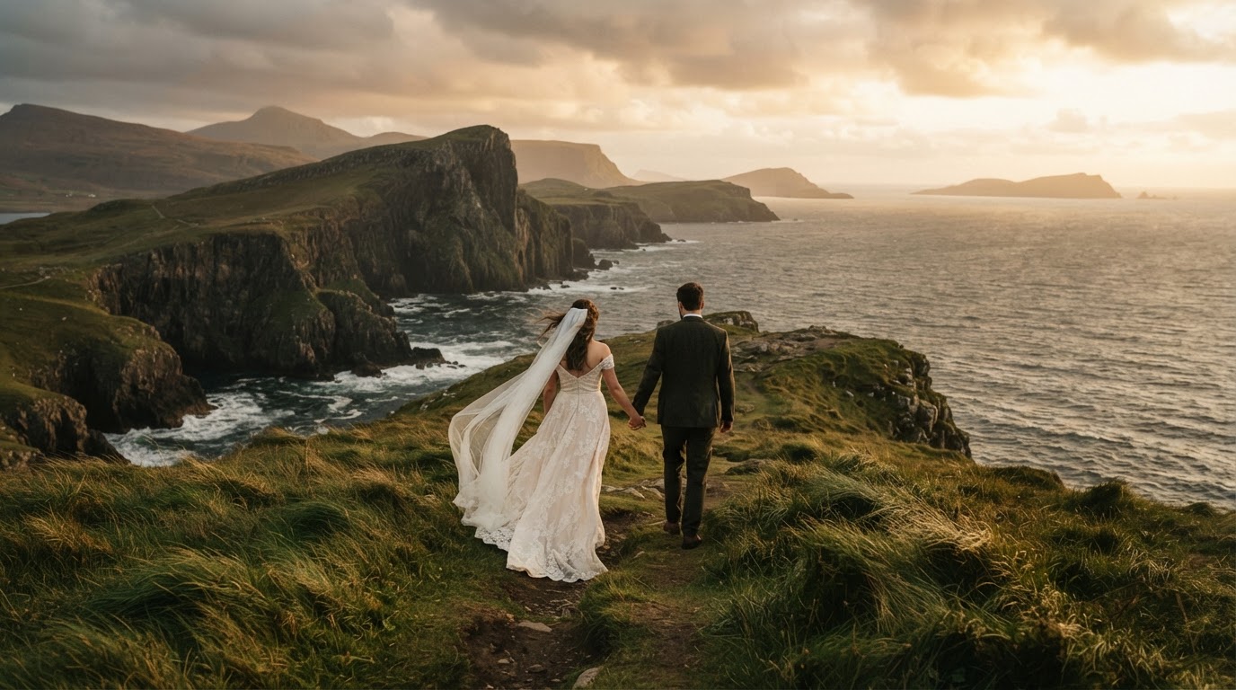 Newlyweds walking through a dramatic landscape at golden hour