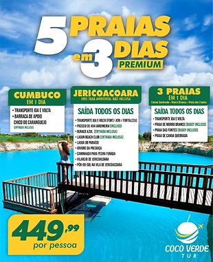 Combo 5 praias em 3 dias Premium — Cumbuco, Jericoacoara e 3 Praias por R$449,99 por pessoa