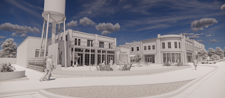 Conceptual rendering of the future 57 East development in Downtown Newnan, featuring the Market 57 district and the preserved water tower