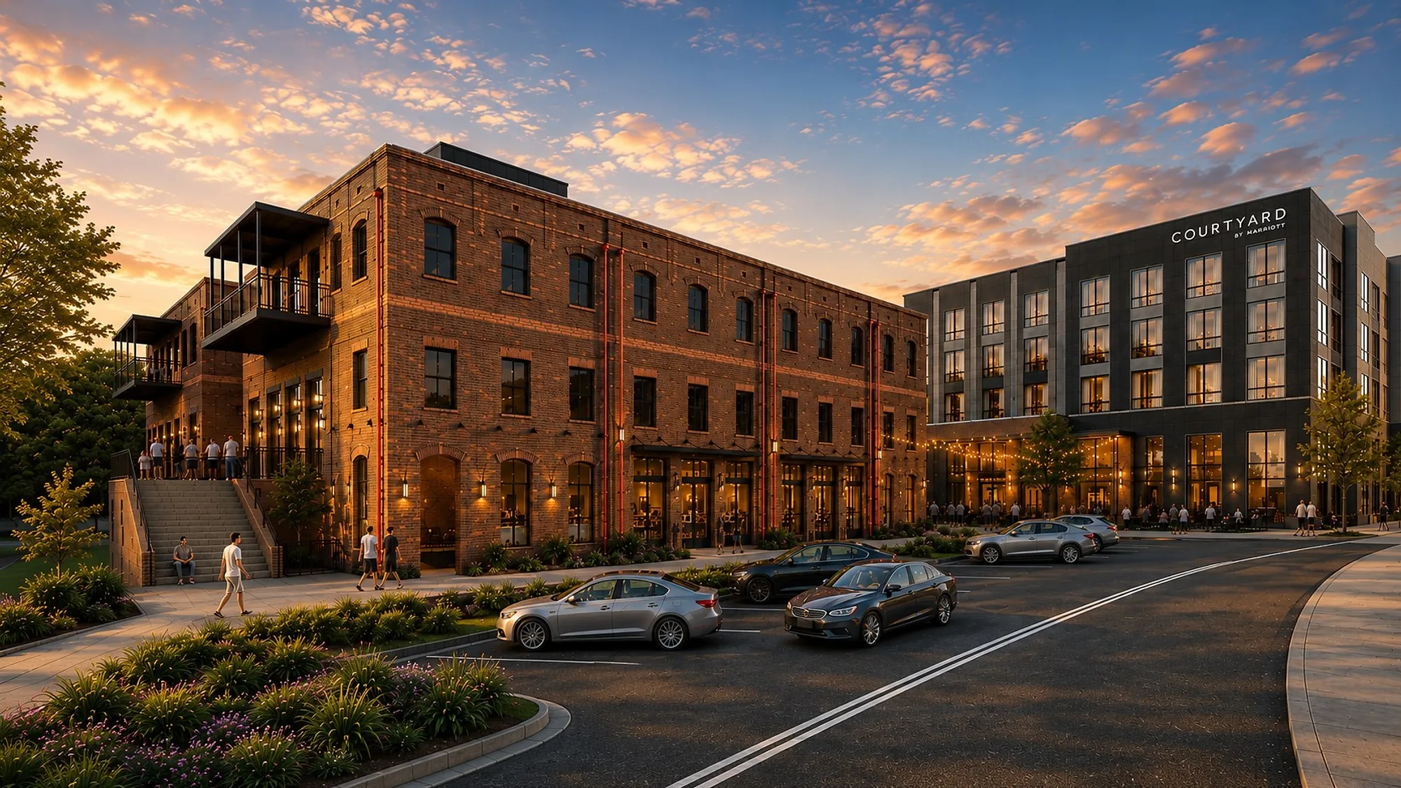 Conceptual rendering of 57 East at dusk, with the food hall, courtyard hotel, and outdoor string lights